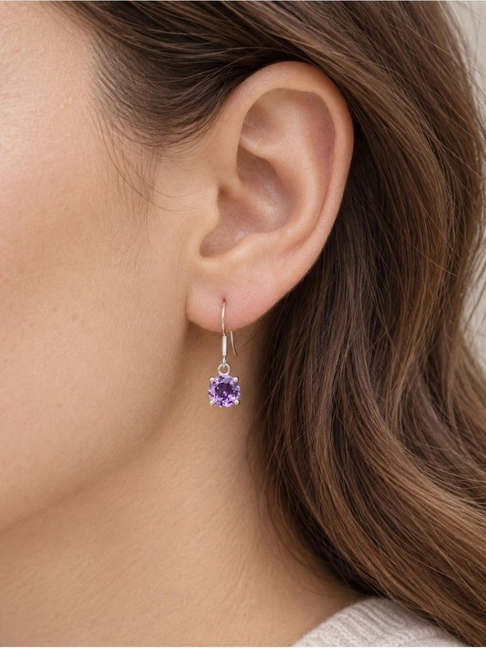 Amethyst 925 Silver Drop Earrings Faceted Round Gemstone French Hooks 925 #613